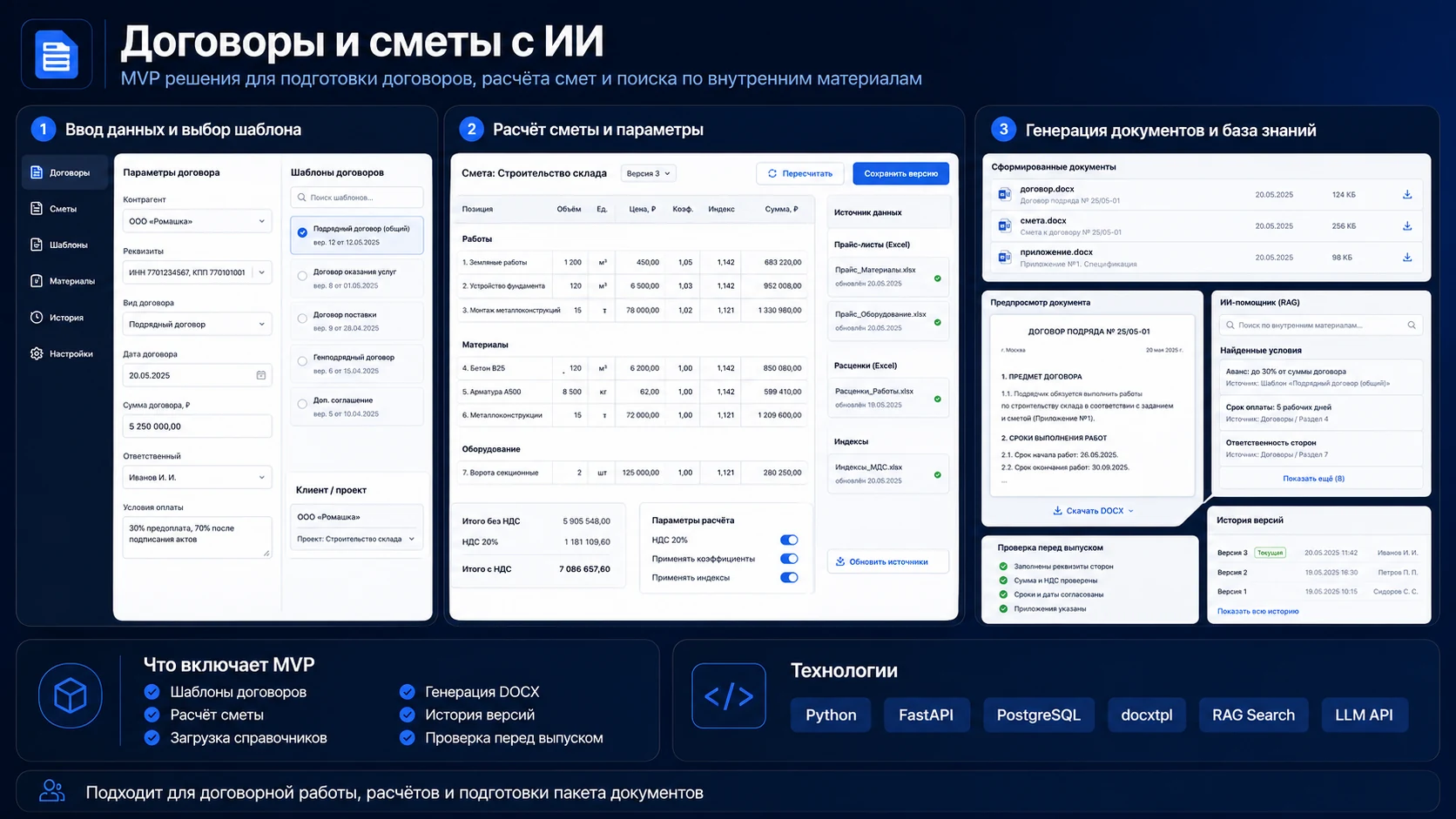 Концепция интерфейса подготовки договоров, расчёта смет и поиска по внутренним материалам